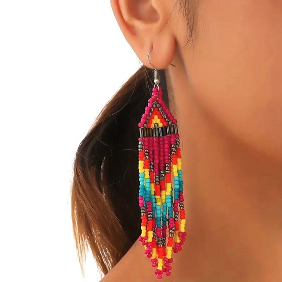 Earrings Seed Beads Handmade Glass Colorful Dangle Rainbow Boho Trendy Stylish - Picture 1 of 3